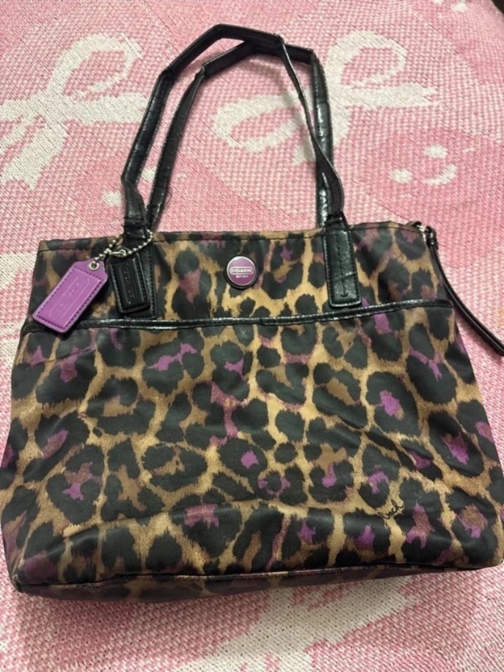 Coach Poppy Ocelot Leopard Glam Tote Black & Brown
